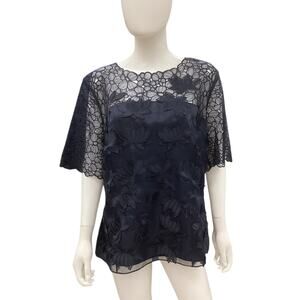 Escada Top Women’s SZ L Silk Lace Embroidery Back Zipper Short Sleeve Navy Color